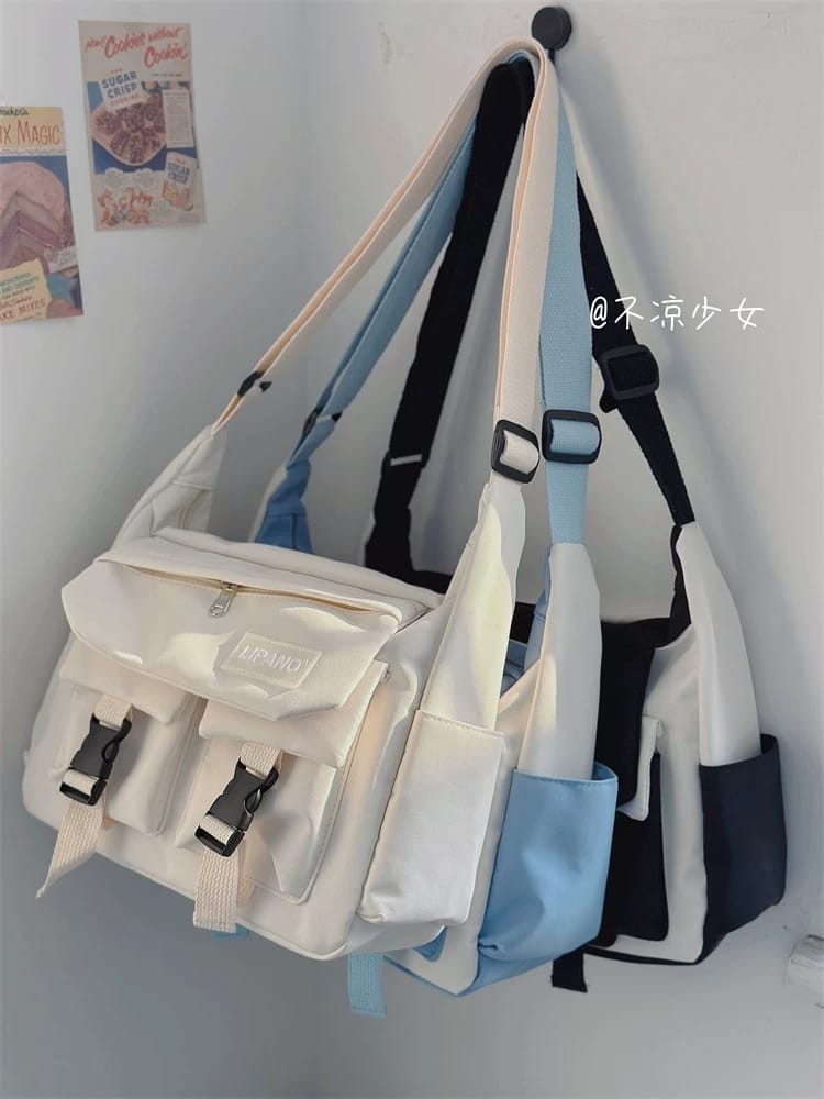 Blue and White Shoulder Bag - AM01405MB Trendy messenger bag with multiple pockets